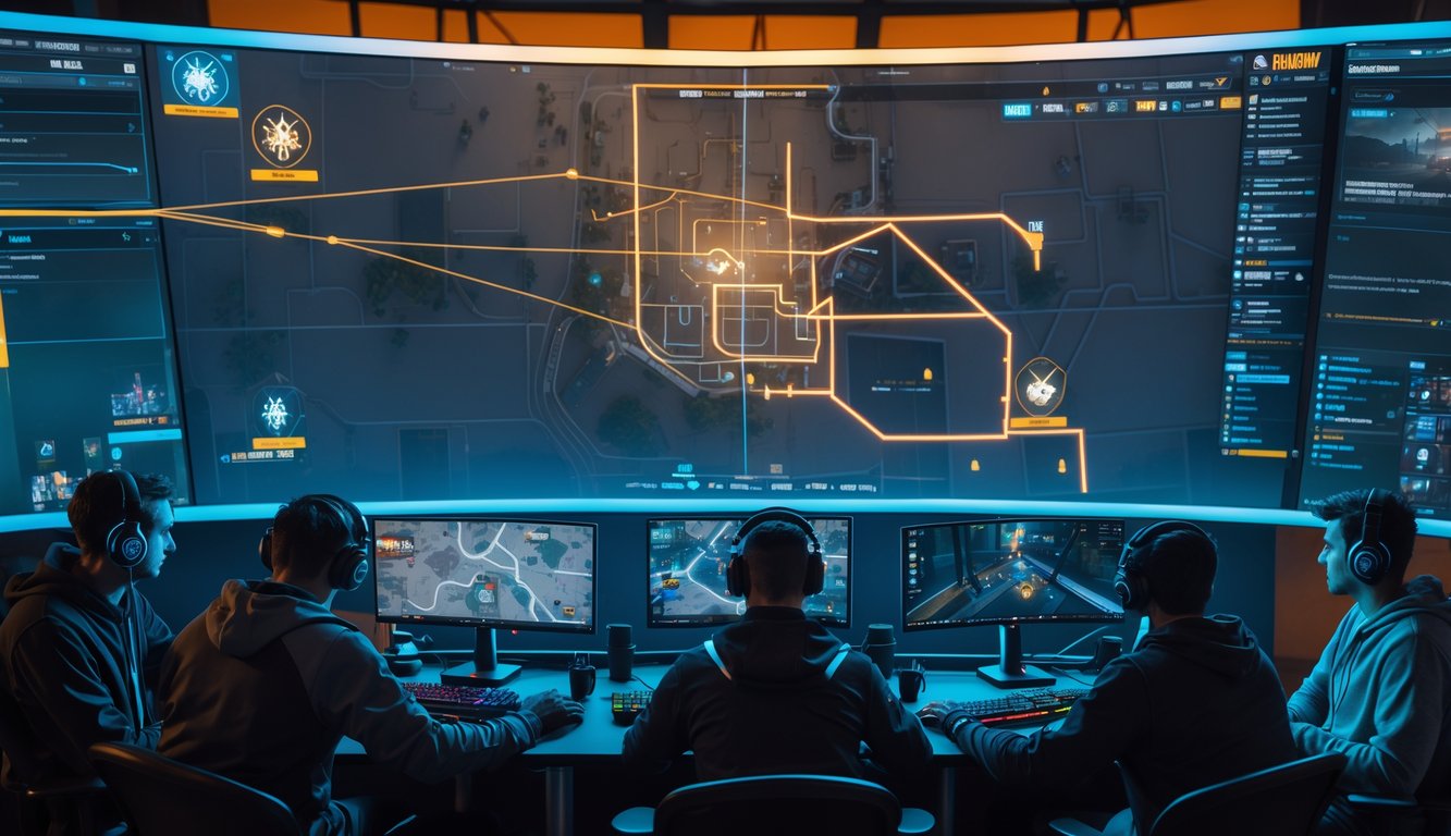 Sekelompok pemain game sedang fokus merencanakan strategi menggunakan peta digital Rainbow Six Siege di ruang permainan.