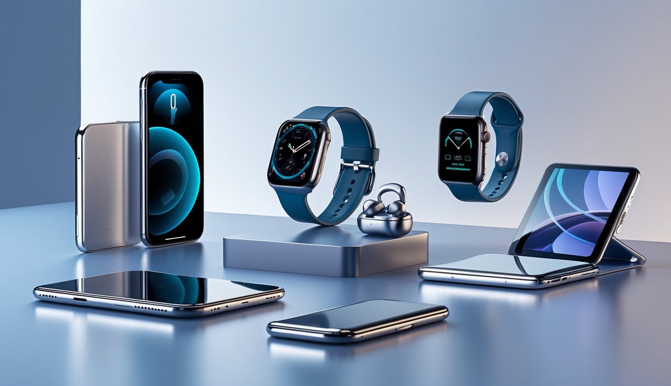 Beberapa gadget mewah terbaru tahun 2026 ditata rapi di atas permukaan modern dengan latar belakang minimalis.