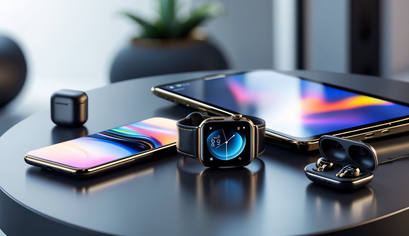 Beberapa gadget mewah terbaru seperti smartphone, smartwatch, earbud nirkabel, dan tablet yang tertata rapi di atas permukaan modern.