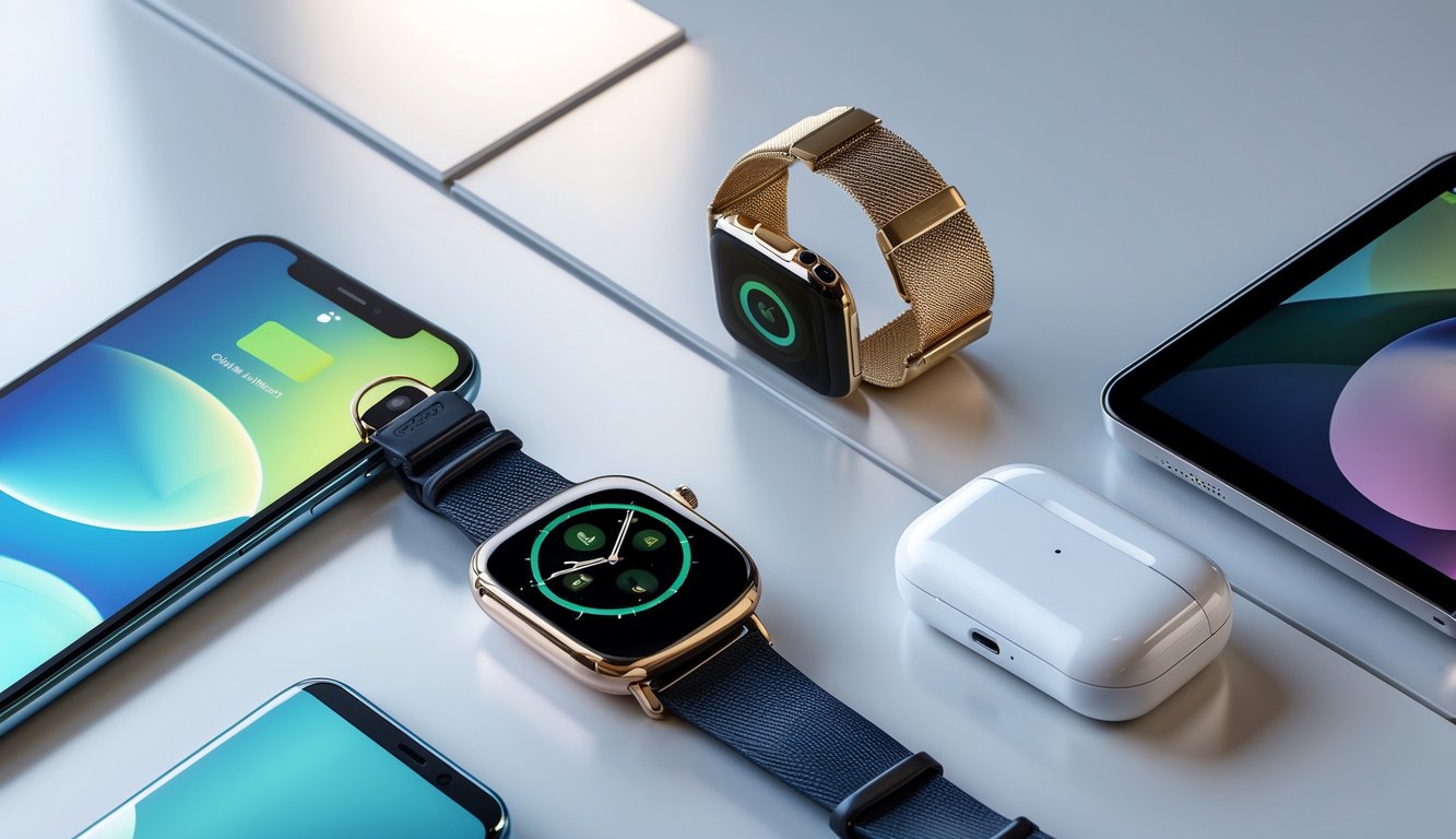 Beberapa gadget terbaru dan mewah seperti smartphone, smartwatch, earbud nirkabel, dan tablet yang tertata rapi di atas permukaan modern.