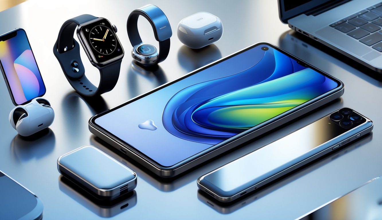Berbagai gadget mewah terbaru ditata rapi di atas permukaan bersih dengan pencahayaan alami, menampilkan smartphone, jam tangan pintar, earbud nirkabel, tablet, dan laptop.