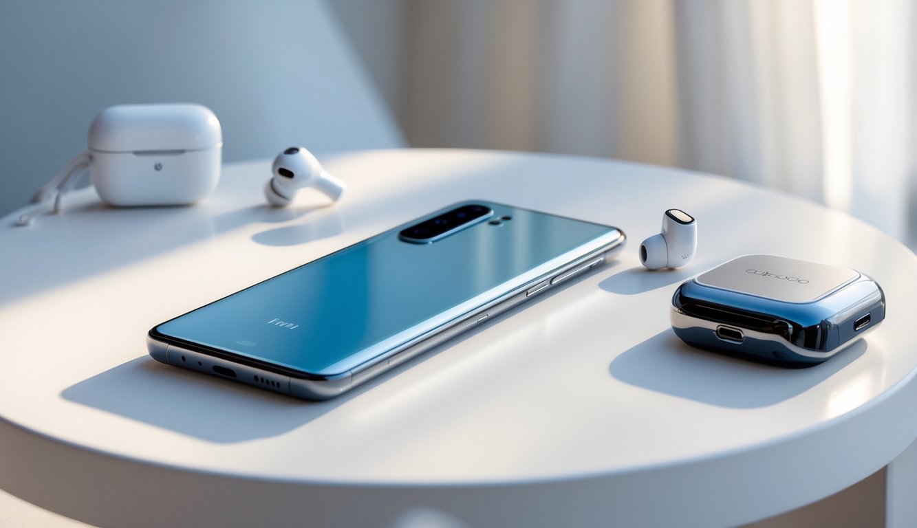 Sebuah smartphone terbaru dengan desain modern dan aksesori di atas meja putih.