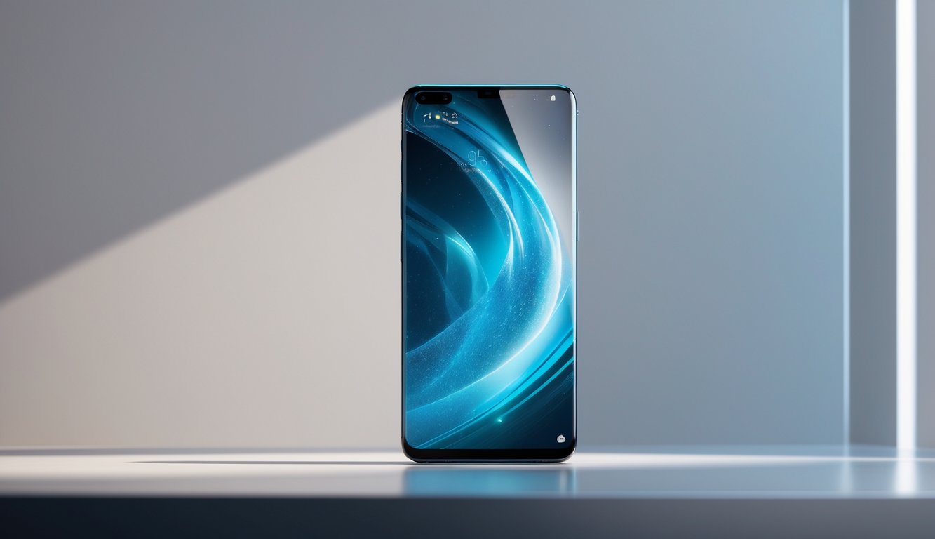 Sebuah ponsel flagship terbaru dengan desain modern dan layar besar diletakkan di atas permukaan minimalis.