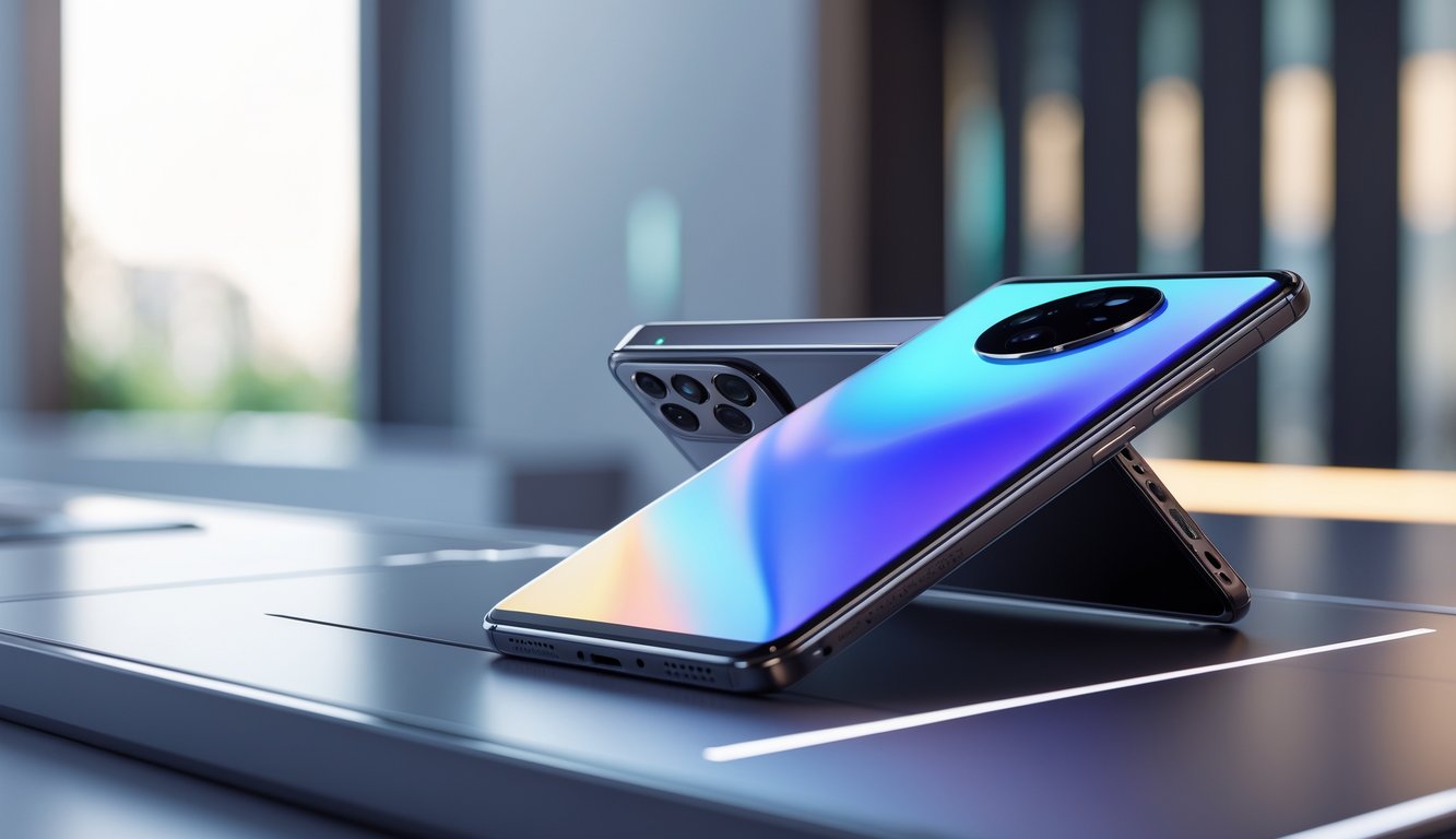 Sebuah smartphone terbaru dan mewah kelas atas diletakkan di atas permukaan modern dengan pencahayaan alami yang menonjolkan desain dan kamera canggihnya.