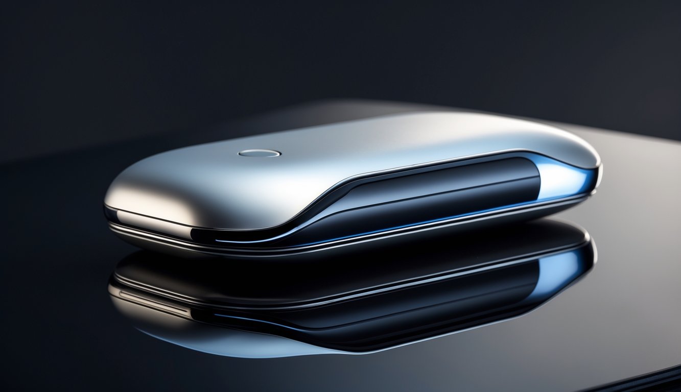 Gadget inovatif terbaru dengan desain mewah yang diletakkan di permukaan hitam reflektif.