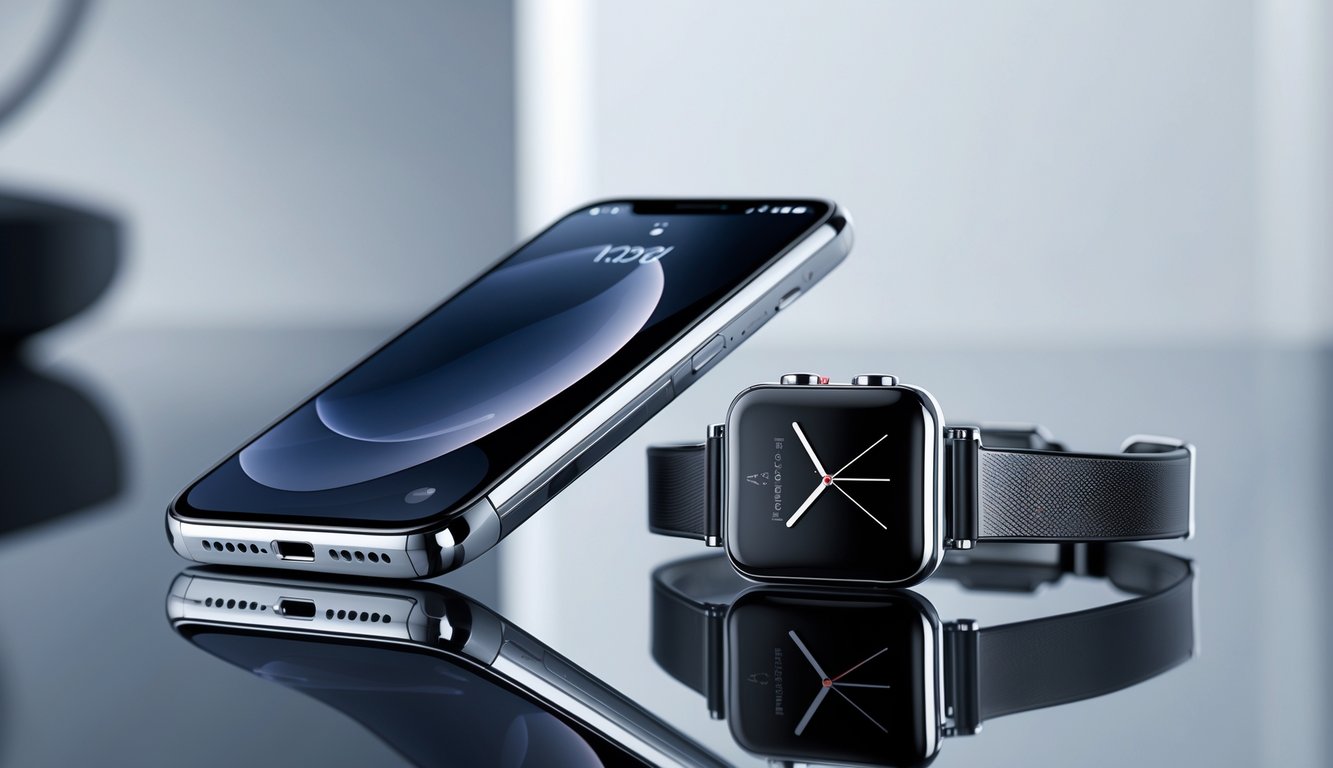 Beberapa gadget terbaru dengan desain mewah yang ditampilkan di atas permukaan reflektif.