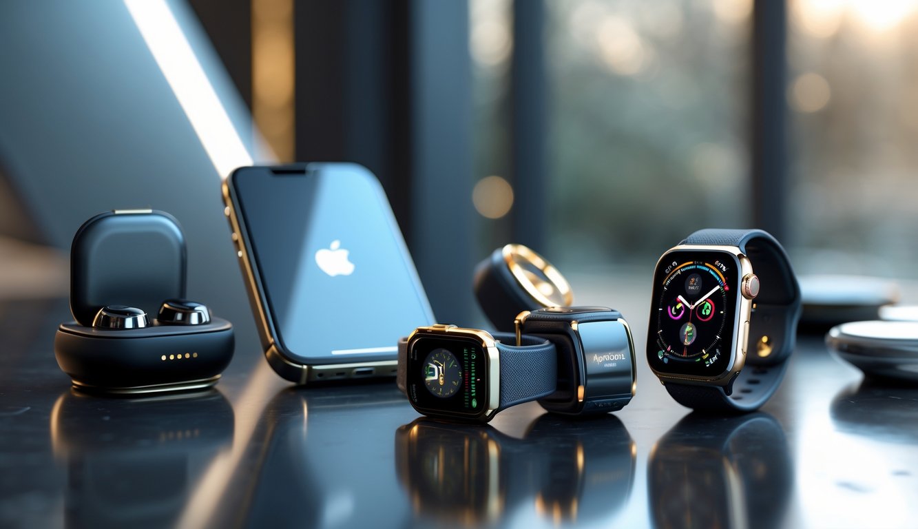 Beberapa gadget edisi terbatas terbaru dan mahal yang ditata rapi di atas permukaan mengkilap dengan latar belakang kabur.