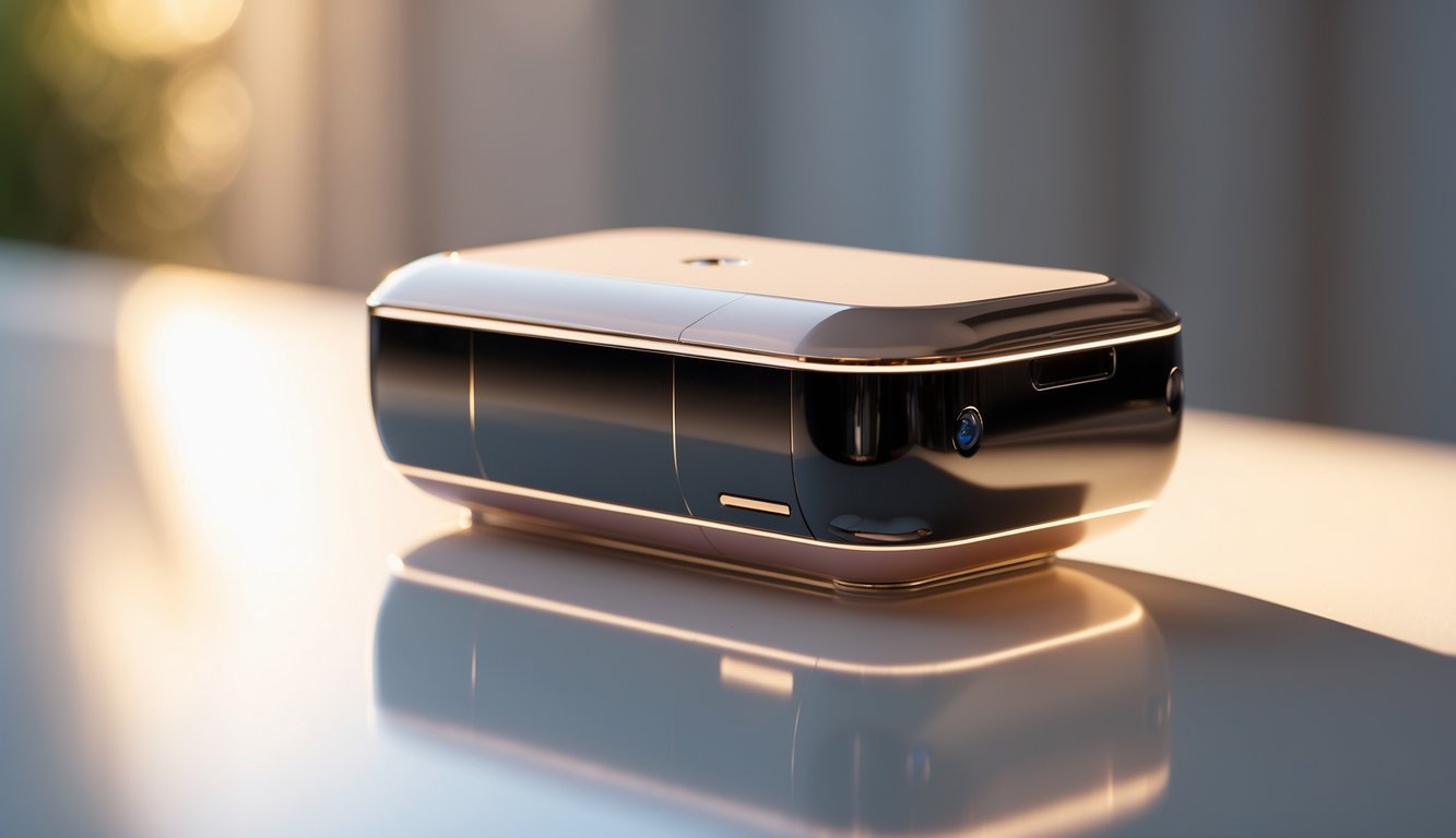 Perangkat elektronik terbaru dengan desain mewah diletakkan di atas permukaan minimalis dengan pencahayaan lembut.