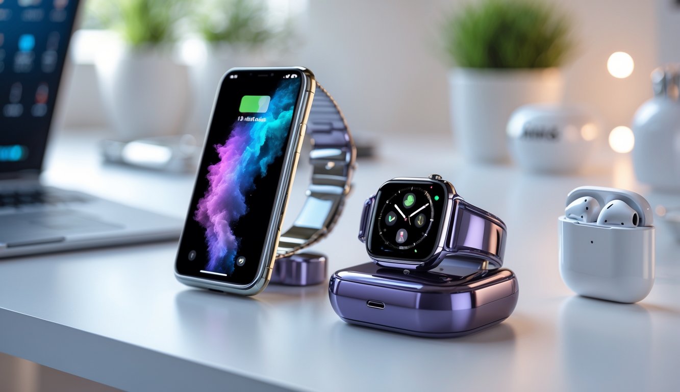 Beberapa perangkat elektronik terbaru dengan fitur mewah, termasuk smartphone, jam tangan pintar, dan earbud nirkabel, diletakkan di atas meja putih dengan pencahayaan alami.