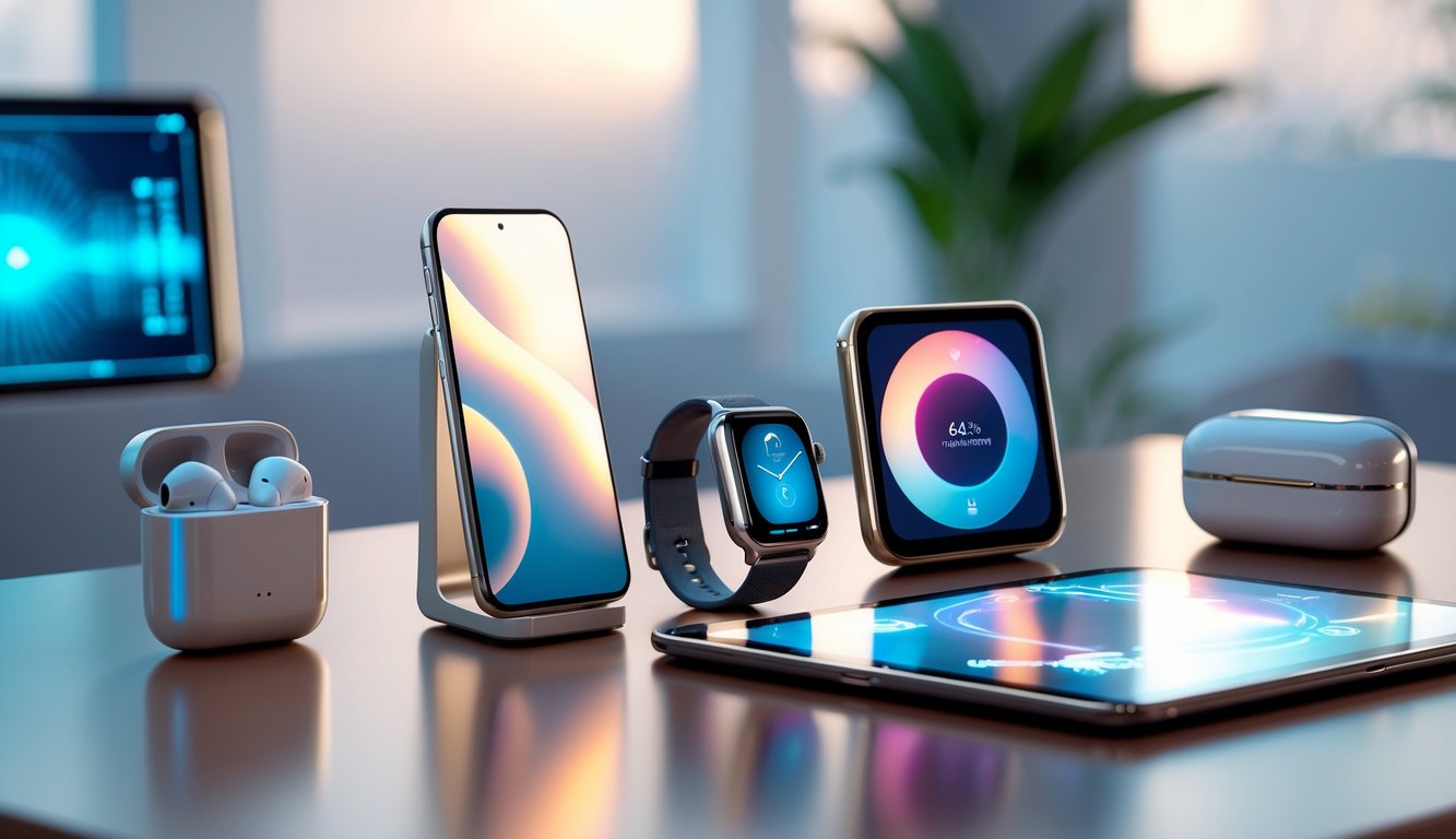 Berbagai gadget terbaru dan mewah tahun ini ditata rapi di atas meja dengan latar belakang minimalis.