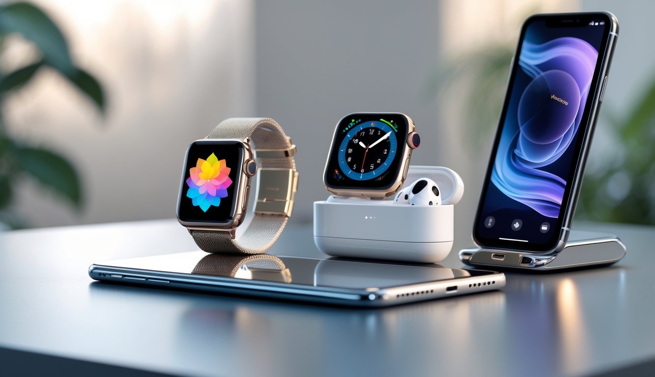 Berbagai gadget mewah terbaru tahun ini tertata rapi di atas permukaan modern dengan pencahayaan alami yang menyoroti detail dan desainnya.