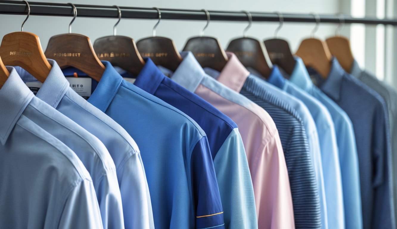 Berbagai jenis baju pria terbaru yang rapi digantung dengan latar belakang netral.