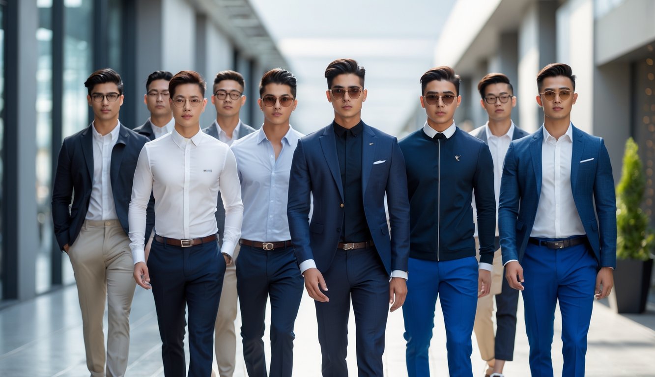 Sekelompok pria mengenakan berbagai jenis pakaian branded necis pria terbaru di lingkungan perkotaan modern.