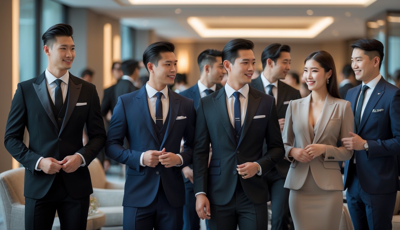 Sekelompok orang berpakaian formal sedang berbicara di sebuah acara di dalam ruangan yang elegan.