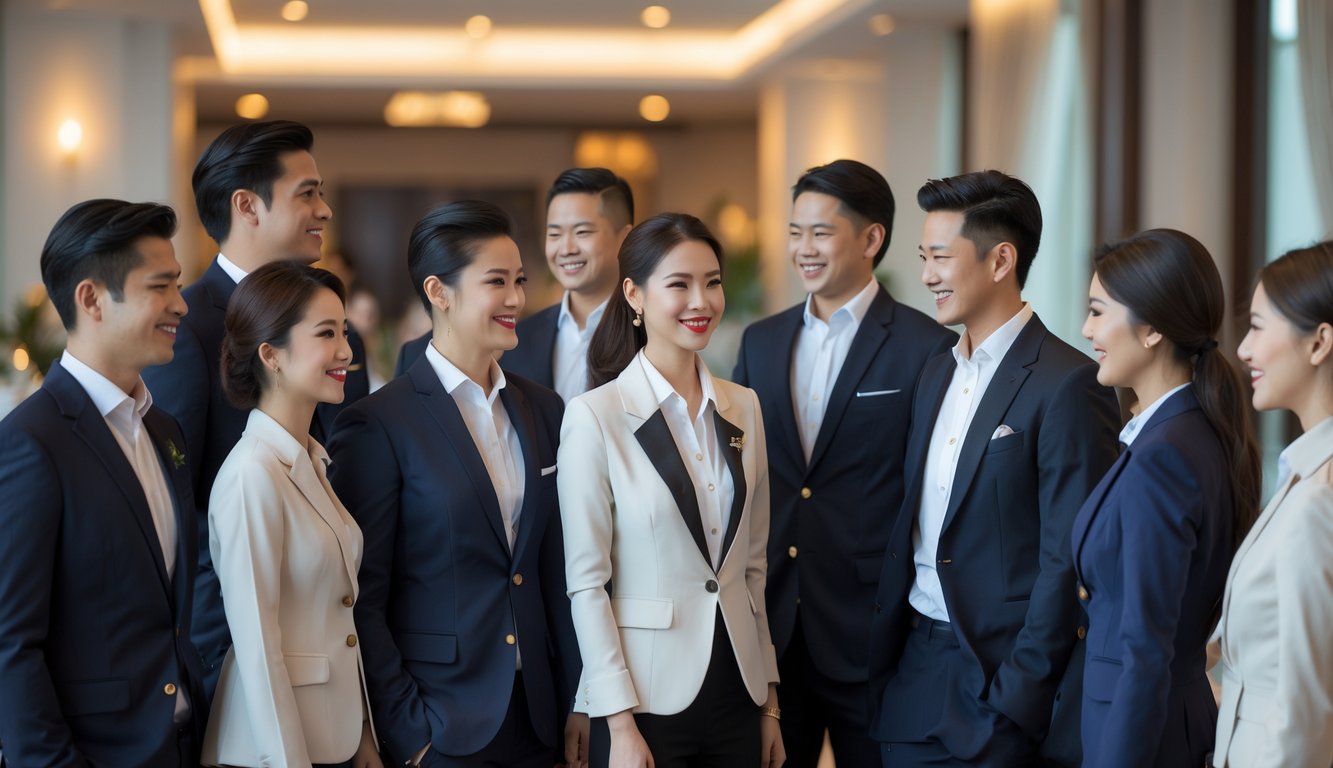 Sekelompok pria dan wanita berpakaian formal rapi sedang berbincang di sebuah acara resmi dalam ruangan yang elegan.