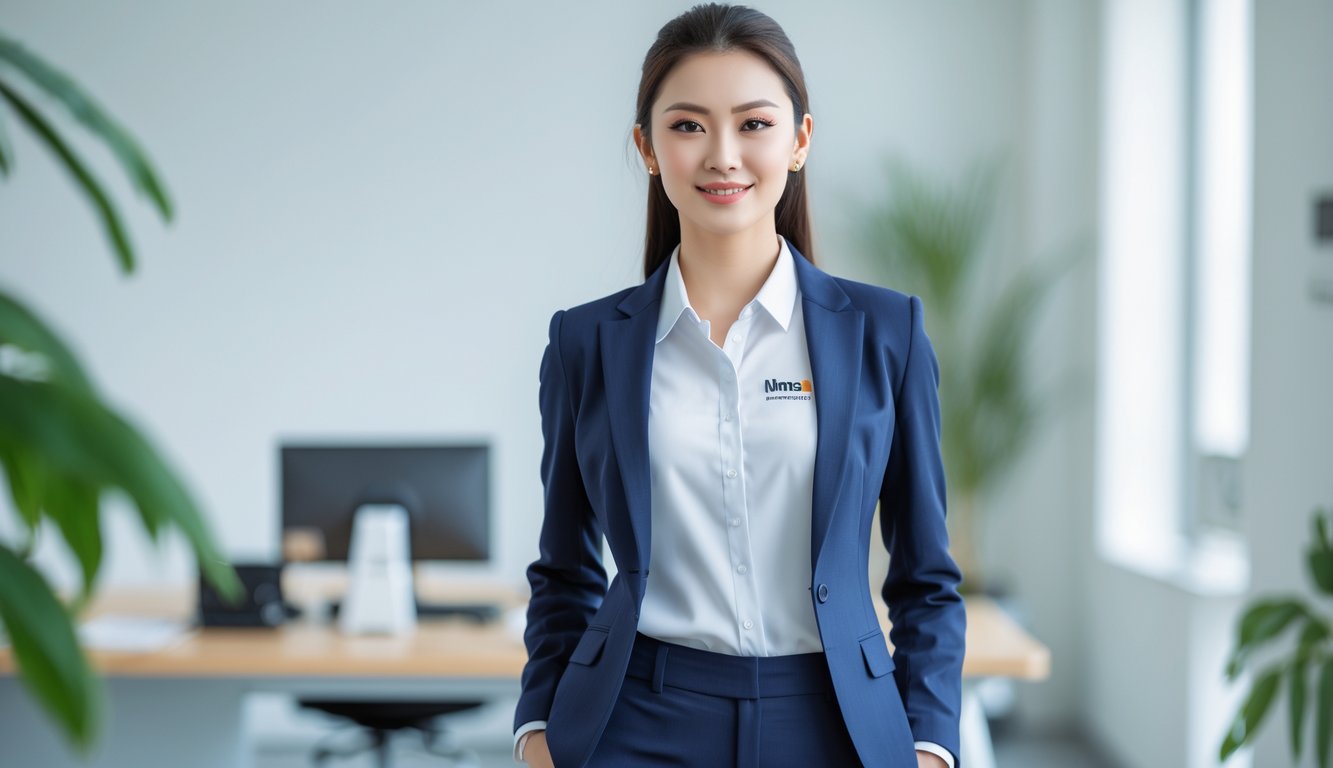 Seorang wanita berpakaian rapi dan profesional di dalam ruang kantor yang terang dan bersih.