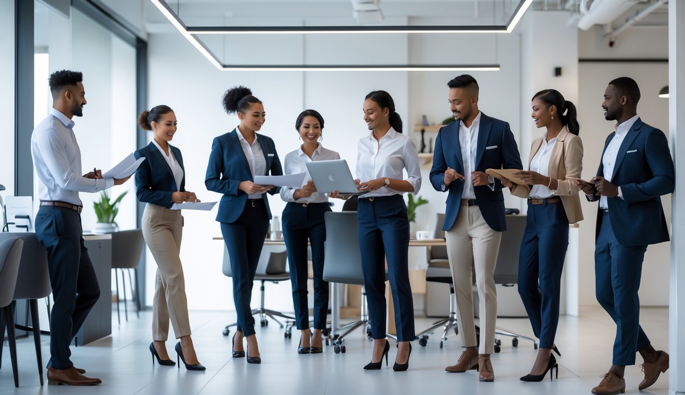 Sekelompok pekerja kantor berpakaian rapi dan profesional sedang bekerja dan berdiskusi di dalam kantor modern.