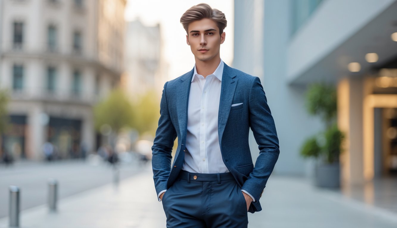 Seorang pria muda mengenakan pakaian branded kekinian yang rapi dan modis, berdiri di luar ruangan dengan latar belakang kota.