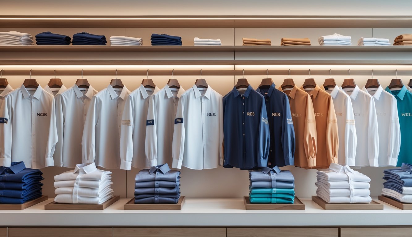 Tampilan pakaian branded Necis jenis original dan premium yang tersusun rapi di rak toko dengan pencahayaan yang baik.