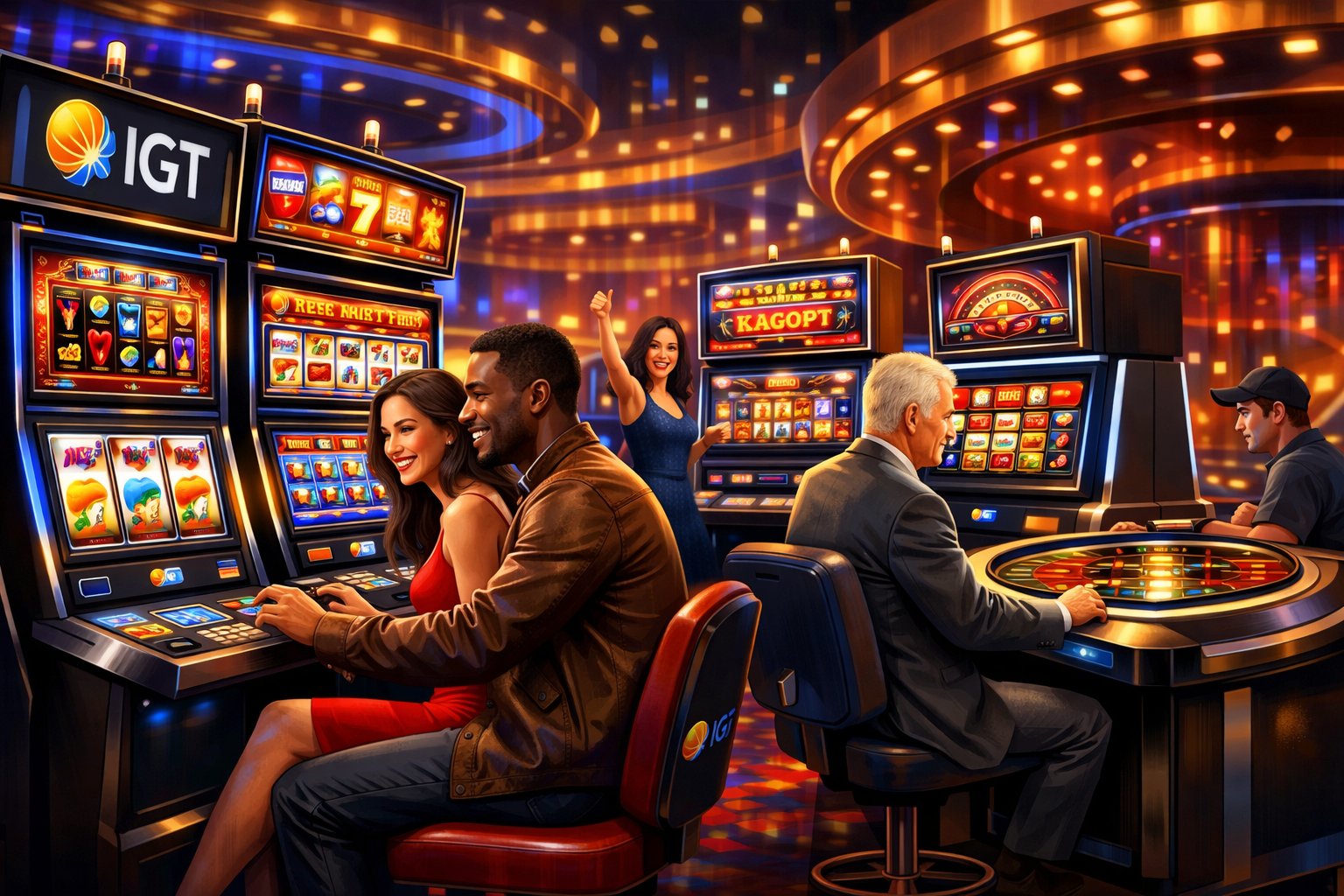 A Casino Floor With Slot Machines And Gaming Terminals Branded With Igt, Showing People Playing And Enjoying The Games.