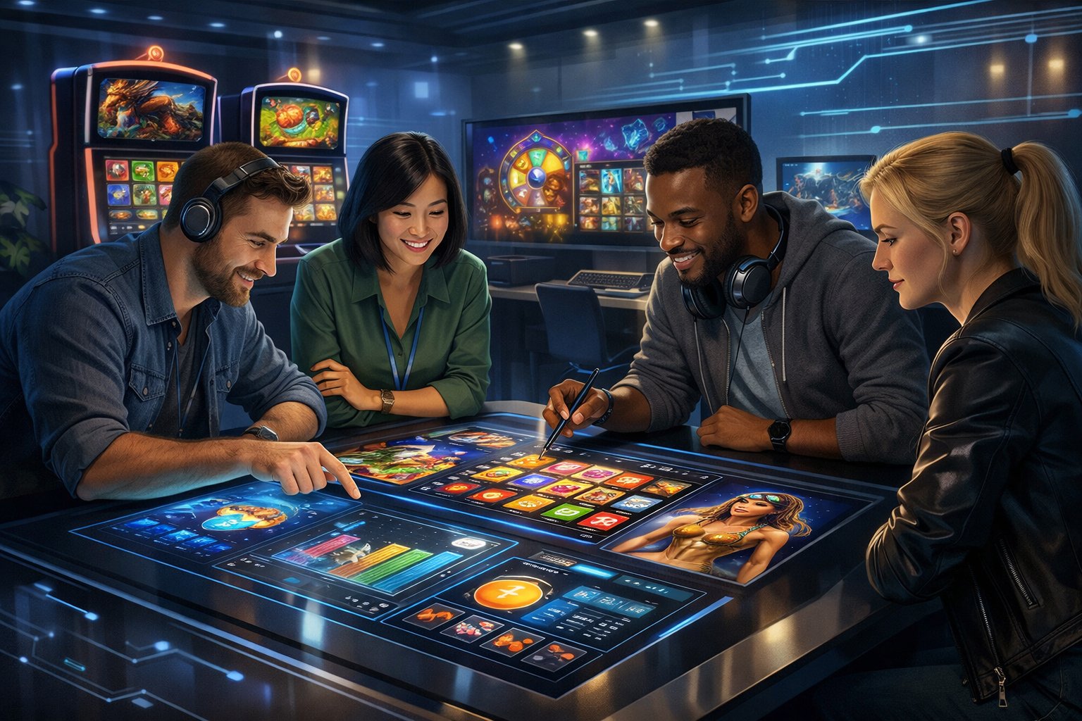 A Team Of Game Developers Working Together Around A Digital Table Displaying Casino Game Designs In A Modern Office With Gaming Machines And Monitors In The Background.