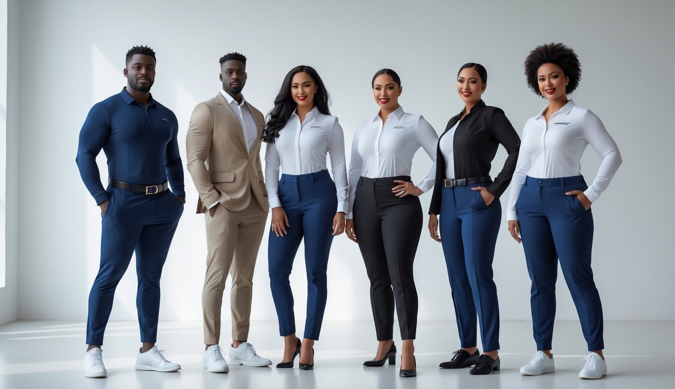 Beberapa orang dengan berbagai bentuk tubuh mengenakan pakaian branded yang rapi dan berbeda gaya, berdiri bersama di studio dengan latar belakang bersih.