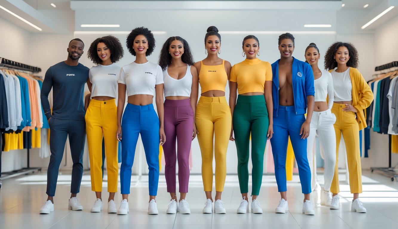 Sekelompok pria dan wanita berpakaian rapi sedang mencoba pakaian di toko pakaian modern yang terang.