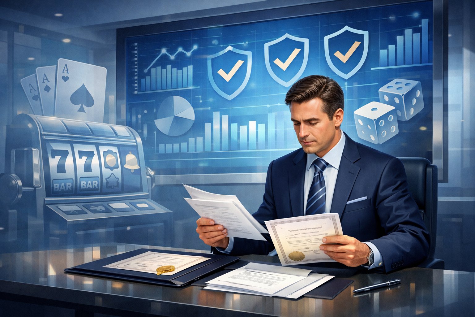 A Business Professional Reviewing Licensing Documents In An Office With Casino Game Icons And Compliance Charts Displayed On A Screen.