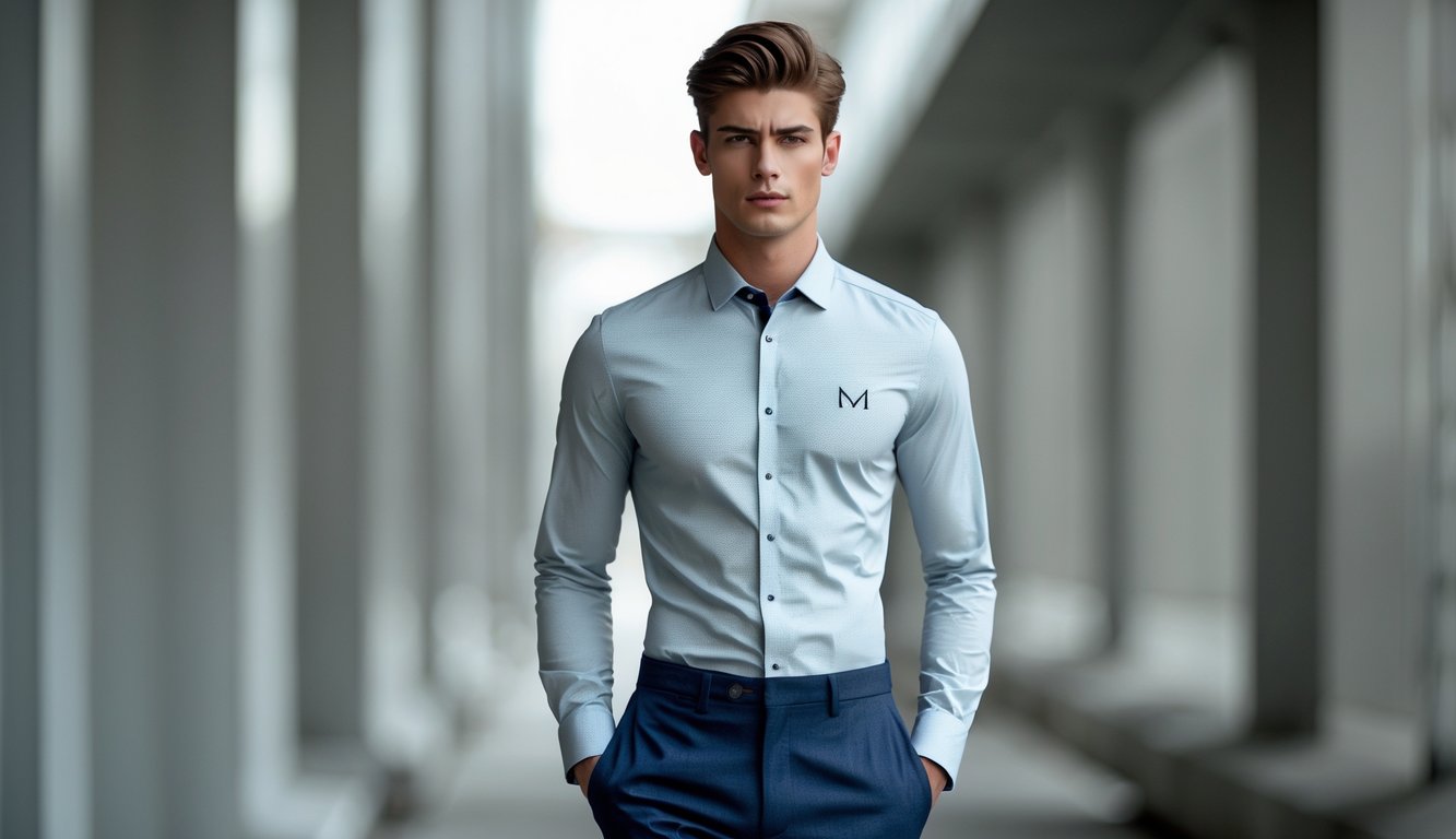 Seorang pria muda berdiri dengan pakaian rapi dan modis di latar belakang kota yang samar.