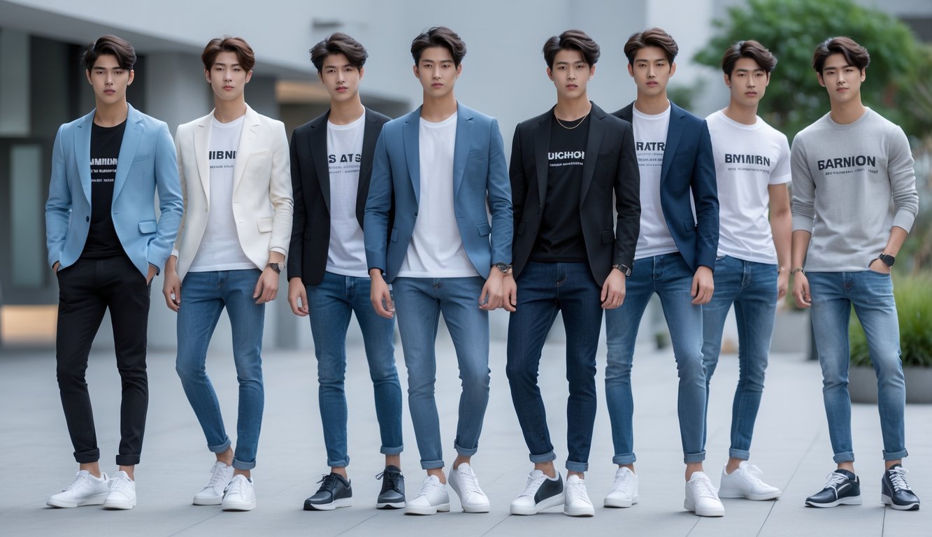 Sekelompok pria muda bergaya mengenakan berbagai jenis pakaian branded pria terbaru, berpose di lingkungan perkotaan modern.