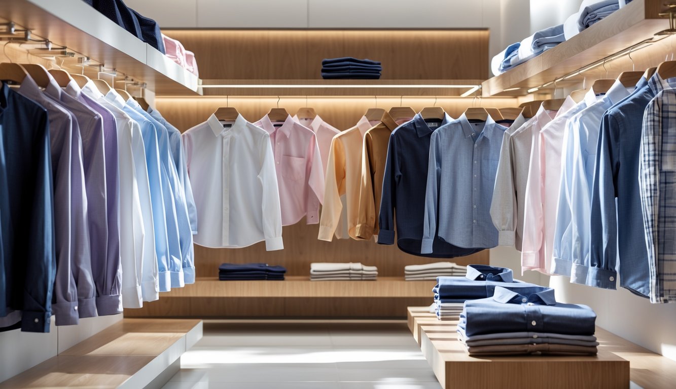 Koleksi berbagai jenis baju branded berkualitas tinggi yang tersusun rapi di toko pakaian.