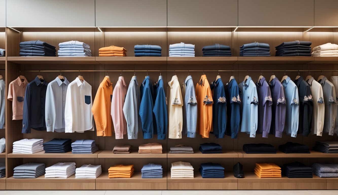 Koleksi berbagai jenis baju branded berkualitas tinggi yang tersusun rapi di rak dan gantungan di toko pakaian.