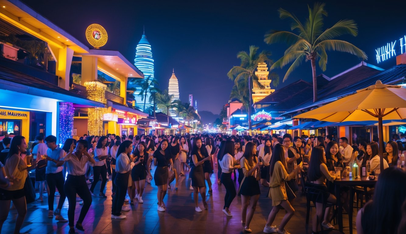 Suasana malam yang ramai dengan orang-orang menikmati hiburan malam di lokasi populer di Indonesia, dengan lampu warna-warni dan bangunan khas Indonesia di latar belakang.