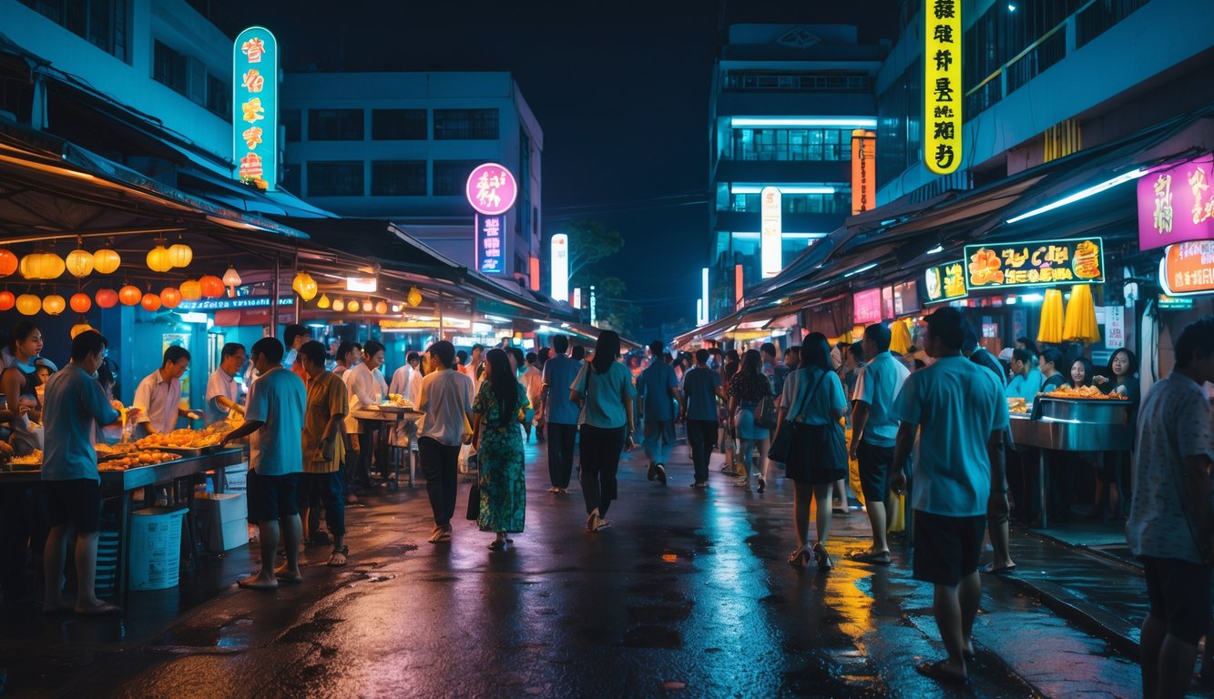 Suasana malam yang ramai di sebuah pasar malam atau jalanan hiburan di Indonesia dengan lampu warna-warni dan orang-orang menikmati makanan dan keramaian.