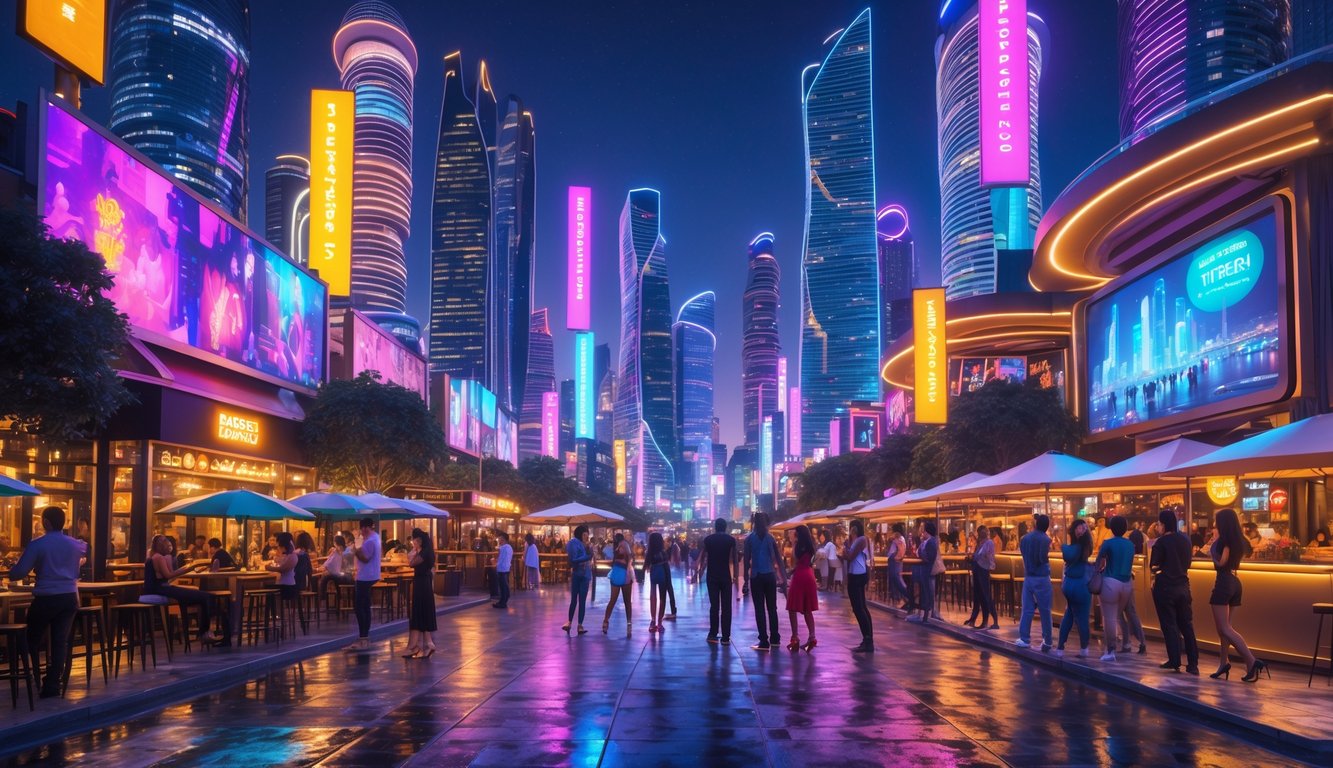 Pemandangan kota malam yang ramai dengan gedung pencakar langit berlampu warna-warni, orang-orang menikmati hiburan malam di kafe, bar, dan tempat musik.