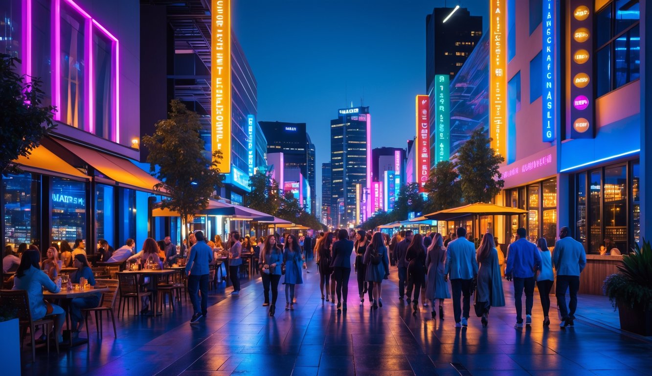 Pemandangan malam kota yang ramai dengan orang-orang menikmati hiburan malam di jalan yang diterangi lampu warna-warni.