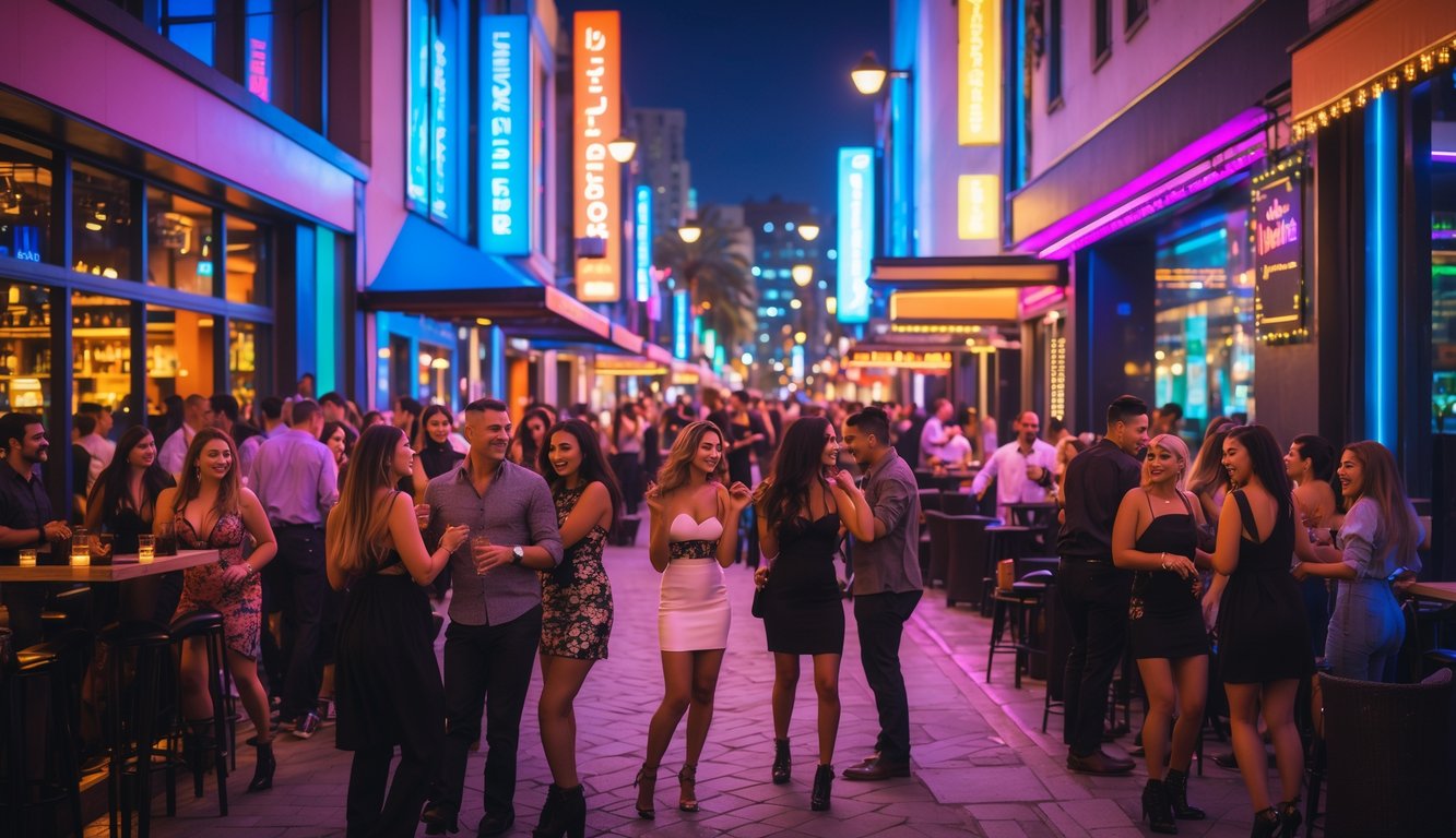 Suasana malam yang ramai di kawasan hiburan dengan banyak orang menikmati waktu di luar bar dan klub malam yang terang benderang.