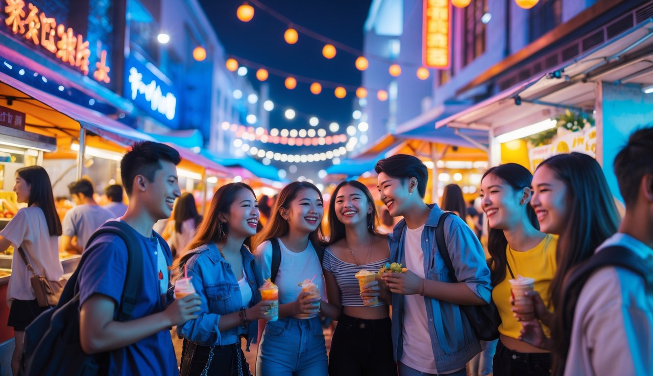 Sekelompok anak muda sedang bersenang-senang di area hiburan malam yang ramai dengan lampu warna-warni dan suasana meriah.