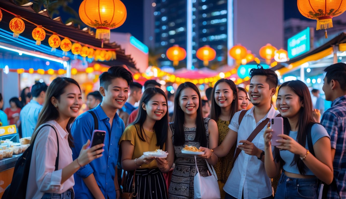 Sekelompok anak muda sedang menikmati suasana malam di pasar malam yang ramai dengan lampu warna-warni dan tenda makanan.