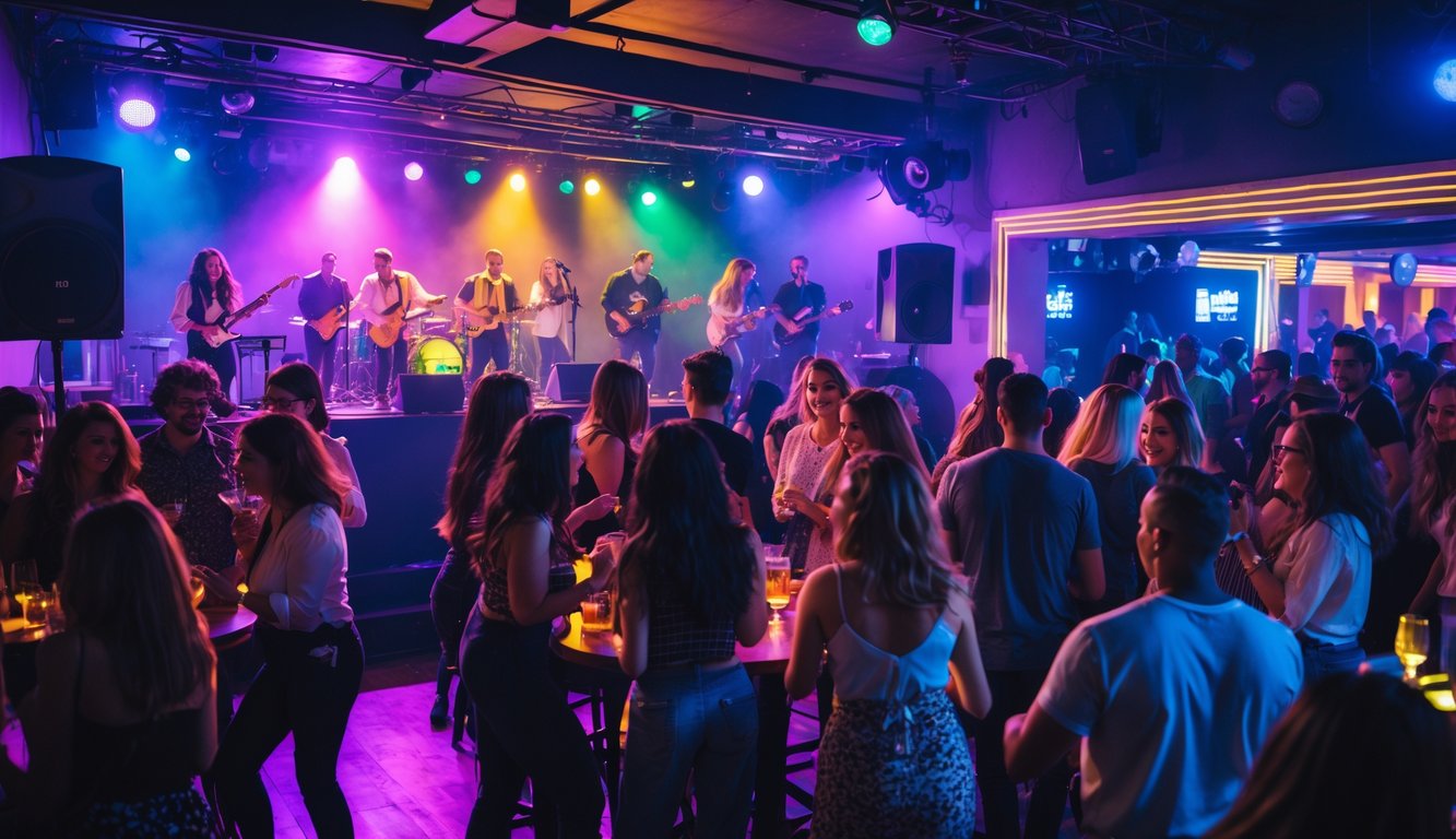 Orang-orang menikmati musik live dan suasana klub malam yang ramai.