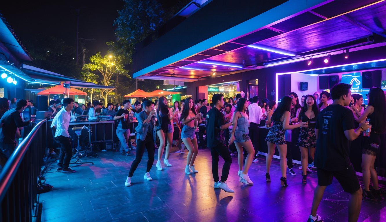 Orang-orang menikmati musik live dan suasana clubbing di malam hari di sebuah tempat hiburan di Indonesia.