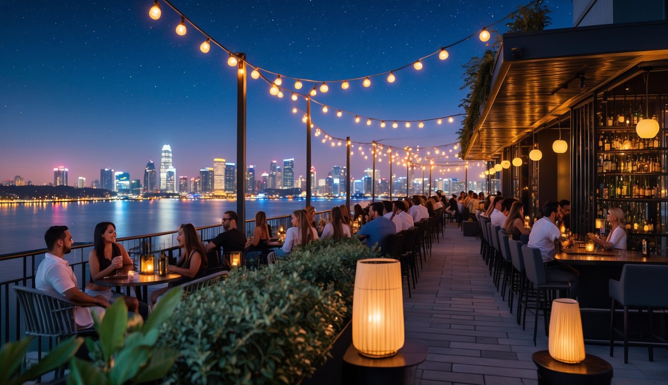 Pemandangan tempat hiburan malam dengan teras luar ruangan dan pemandangan kota yang terang di malam hari.