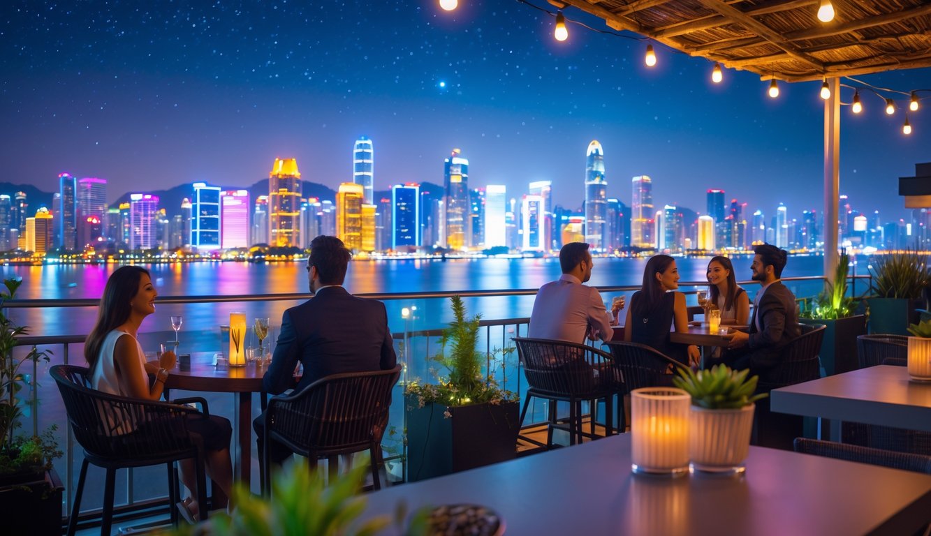 Pemandangan malam kota yang terang dengan orang-orang menikmati waktu di atap bar terbuka dekat air.