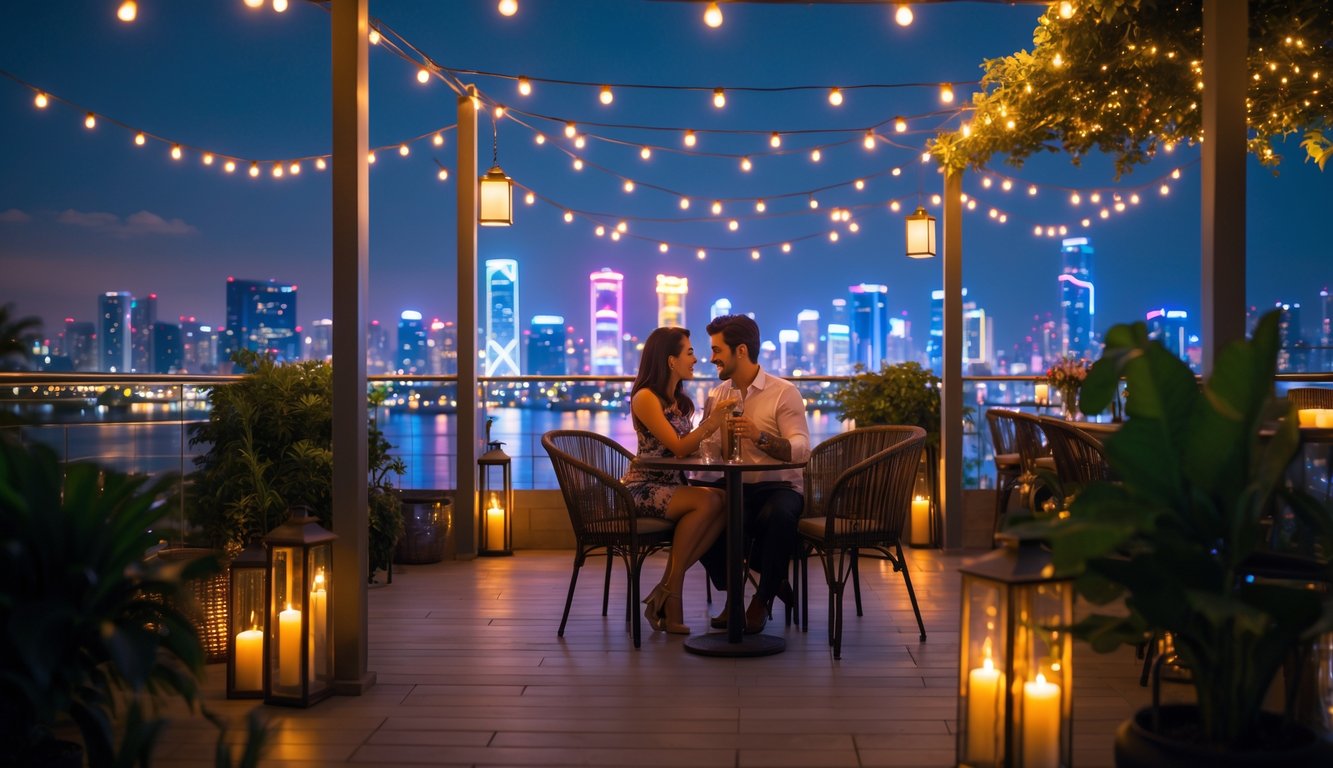 Sepasang kekasih duduk di teras atap yang diterangi lampu hangat dengan latar belakang pemandangan kota malam yang berkilauan.