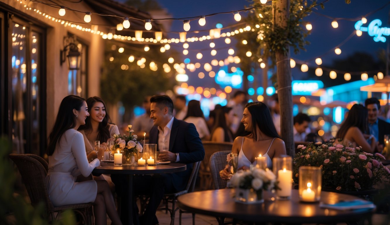 Pasangan menikmati suasana malam romantis di tempat hiburan dengan lampu hangat dan dekorasi yang nyaman.