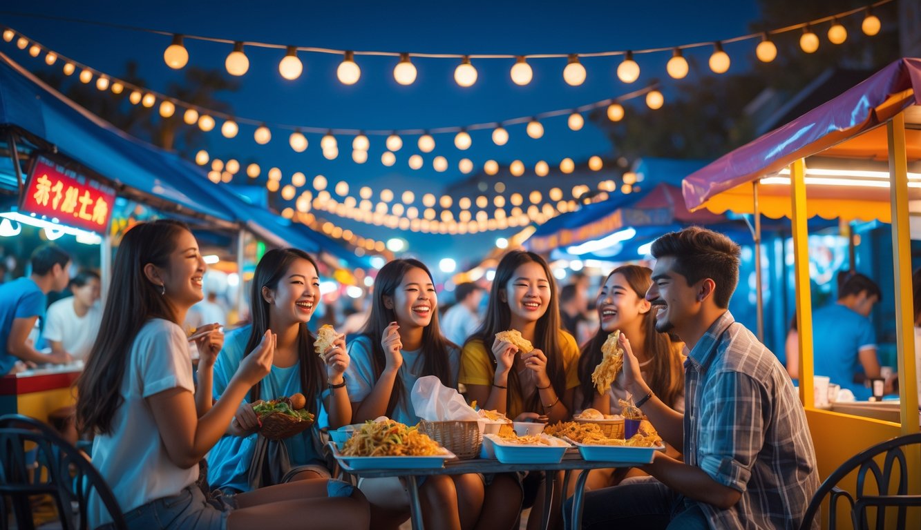 Sekelompok orang muda menikmati suasana hiburan malam yang ramai dan meriah di pasar malam dengan lampu warna-warni dan stan makanan.