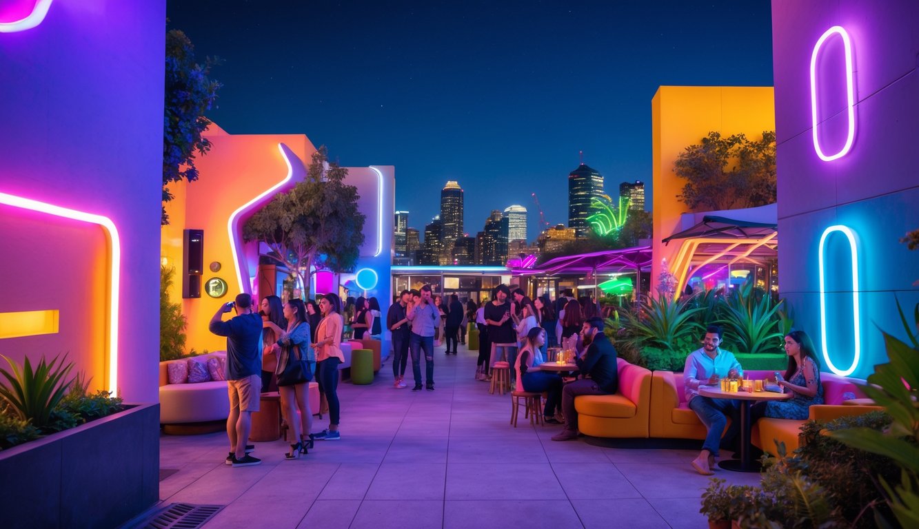 Suasana tempat hiburan malam yang ramai dengan lampu neon berwarna-warni dan orang-orang yang bersenang-senang di area luar ruangan.