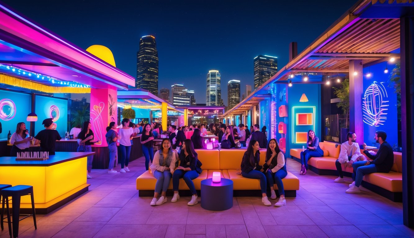Suasana tempat hiburan malam yang ramai dengan lampu warna-warni dan orang-orang menikmati waktu bersama di area terbuka.