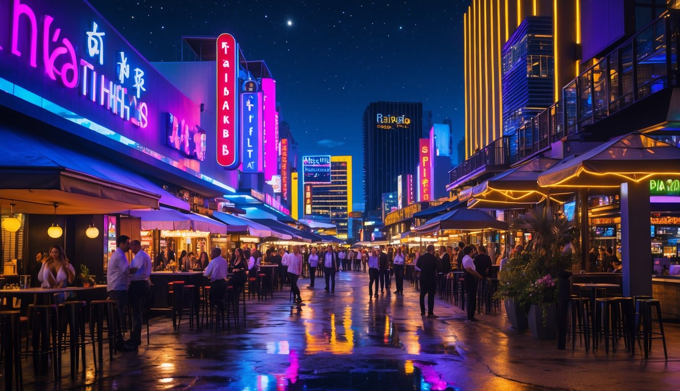 Pemandangan malam hari di kawasan hiburan dengan orang-orang menikmati waktu di kafe dan klub, lampu warna-warni, dan suasana yang ramai serta aman.