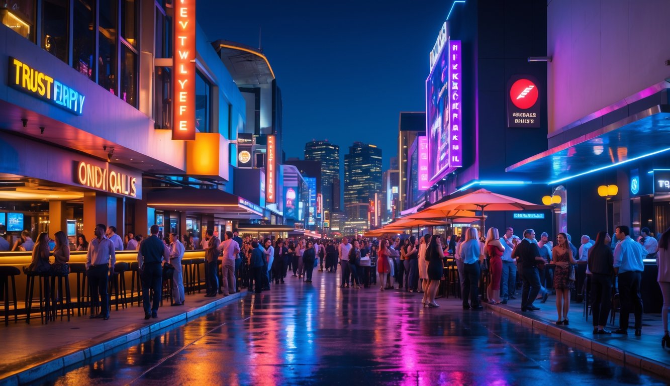 Pemandangan malam kota yang ramai dengan bar dan klub yang terang, orang-orang menikmati hiburan malam dengan suasana aman dan menyenangkan.